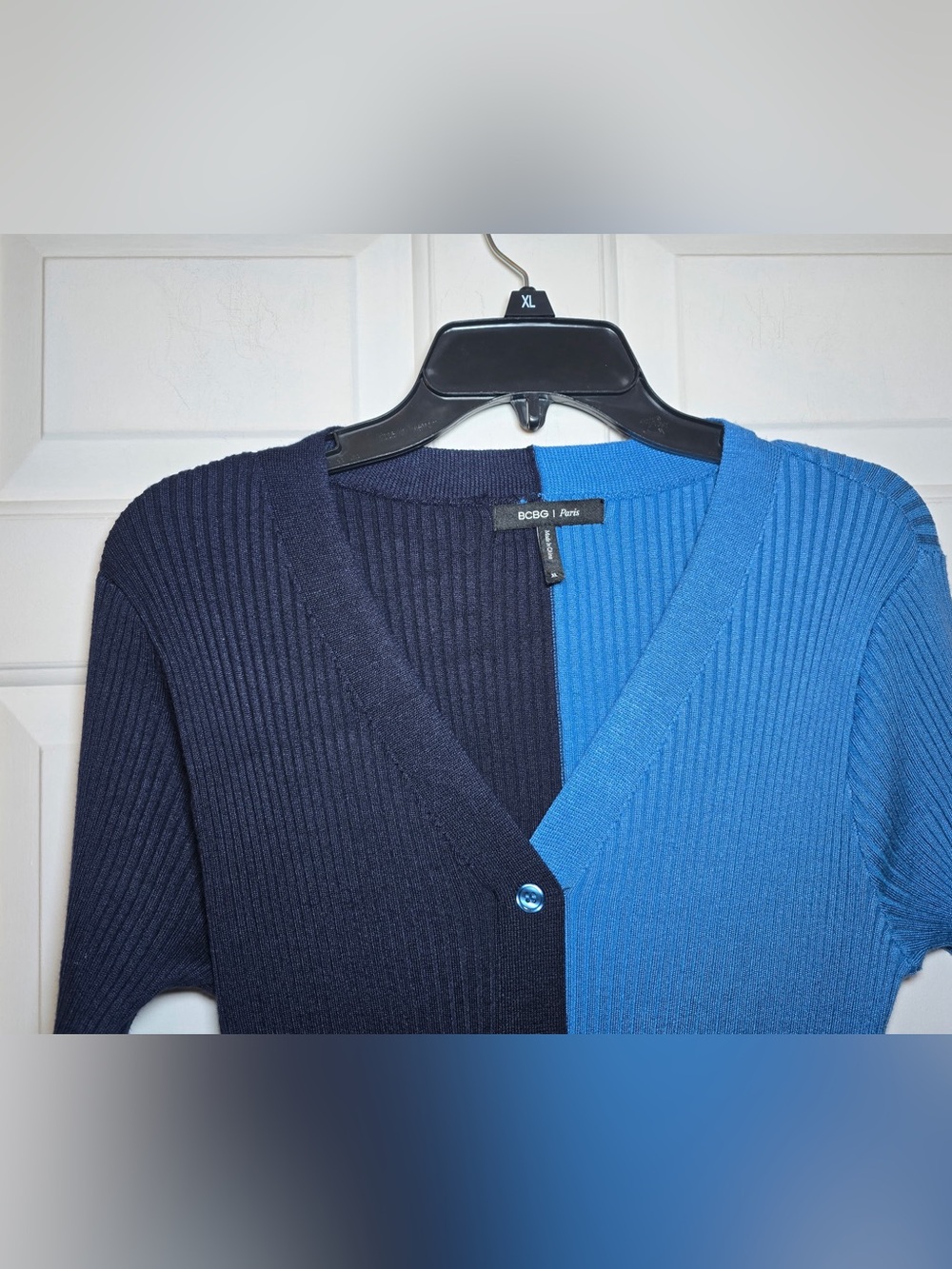 BCBG Paris 2 Tone Blue Colorblock Ribbed Midi Sweater Dress XL Preppy Slimming - Picture 4 of 9